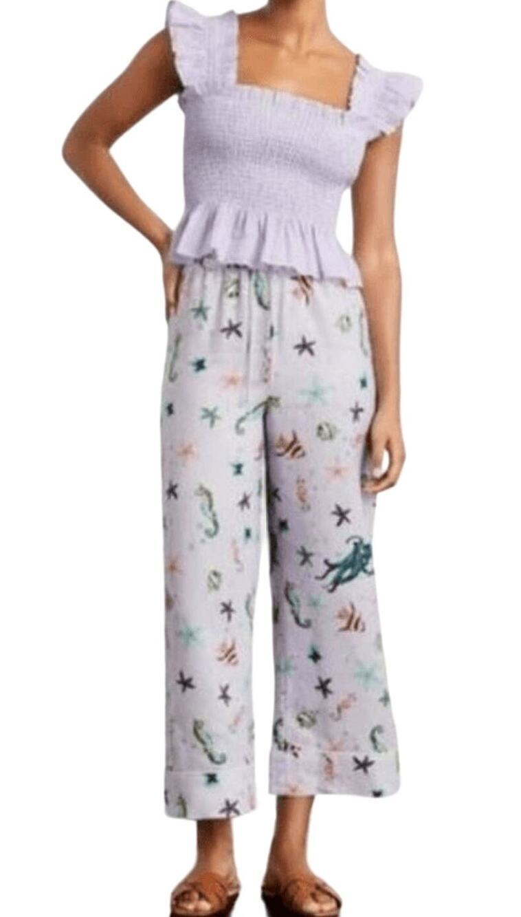Hill House The Skylar Pant Linen Sea Creatures Beach Pants Purple Size Small